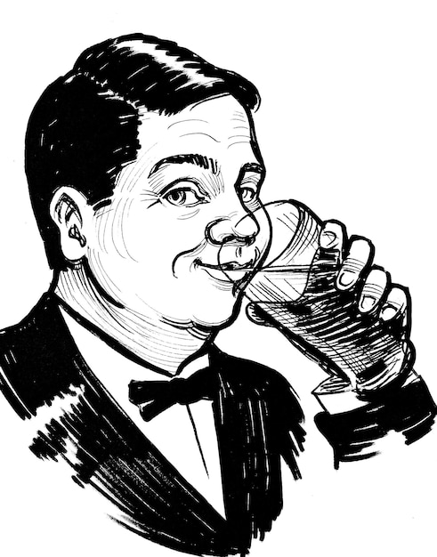 Hombre feliz bebiendo cerveza. Dibujo en blanco y negro de tinta de estilo retro