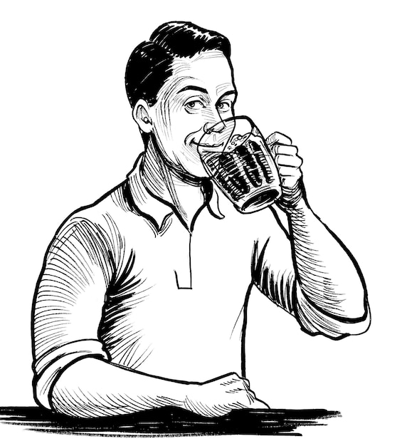 Hombre feliz bebiendo una taza de cerveza dibujo en blanco y negro