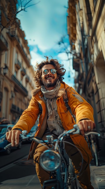 Hombre feliz en una bicicleta con gafas