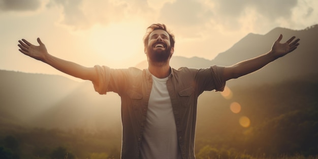 Hombre feliz con los brazos abiertos está parado bajo la luz del sol Hermosa imagen de ilustración Generativa AI