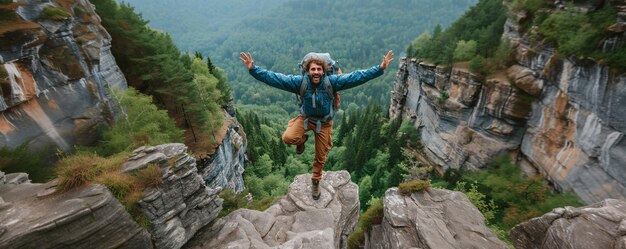 Hombre feliz con los brazos abiertos saltando en la montaña excursionista con mochila concepto de éxito y deporte