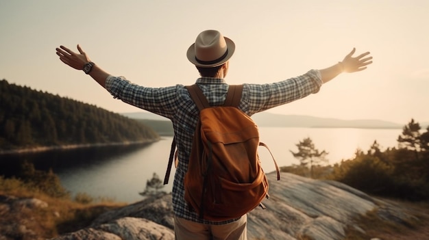 Hombre feliz con los brazos extendidos de pie afuera