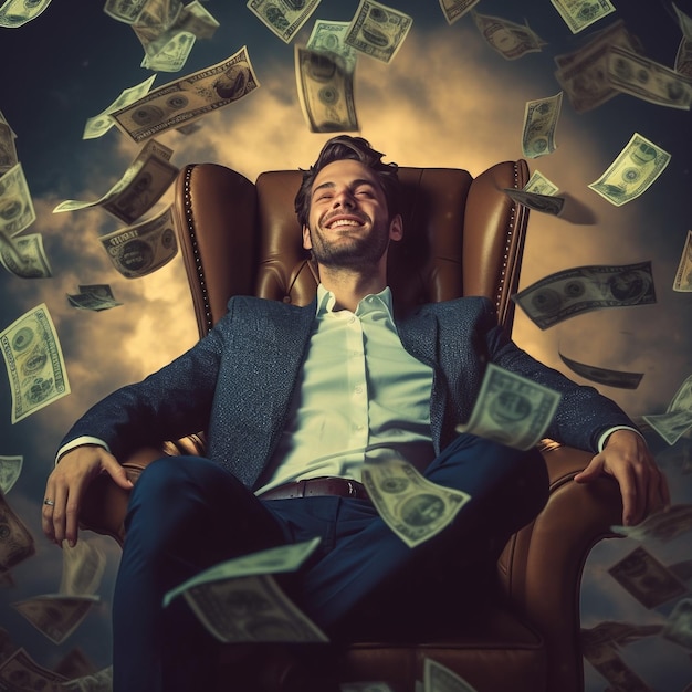 Hombre feliz bajo la caída del dinero