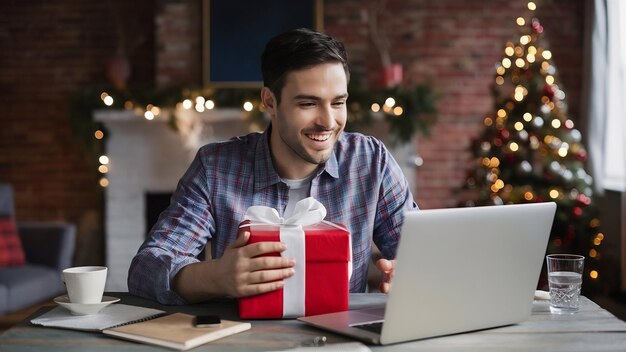 Hombre feliz con una caja de regalos haciendo una llamada de video a través de una computadora portátil en la víspera de Navidad en casa