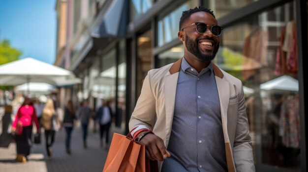 Un hombre feliz camina por la calle con bolsas mientras hace compras.