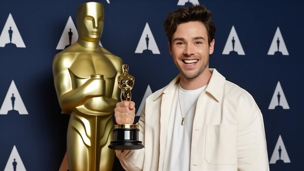 Foto hombre feliz con camisa blanca y chaqueta mira a la estatuilla de oscar