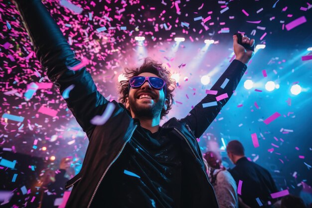 Un hombre feliz con una chaqueta de cuero negra usando gafas VR y bailando con confeti en una fiesta