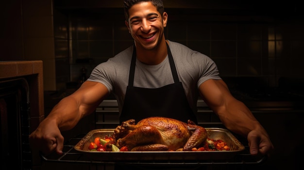 Foto hombre feliz cocina un pavo en su cocina en honor a una fiesta de acción de gracias