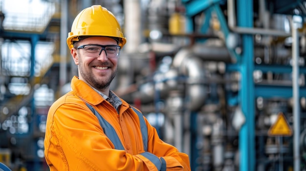 hombre feliz como un ingeniero que trabaja en una planta de gasolina