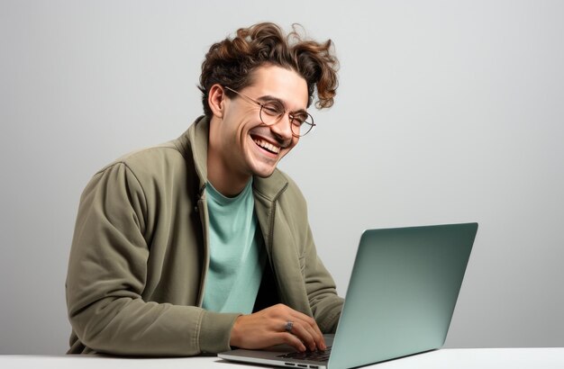 Foto hombre feliz con computadora portátil