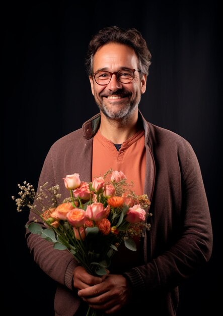 hombre feliz con un ramo de flores mirando a camara generada por ia