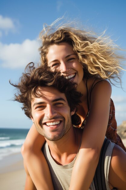 Hombre feliz dando un paseo a espaldas a una mujer en la playa Jóvenes llenos de alegría en vacaciones IA generativa