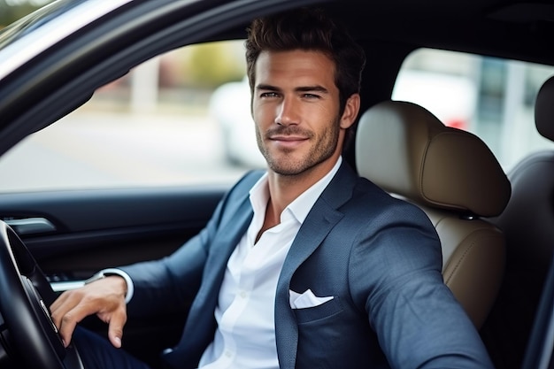 Hombre feliz elegante atractivo en buen coche