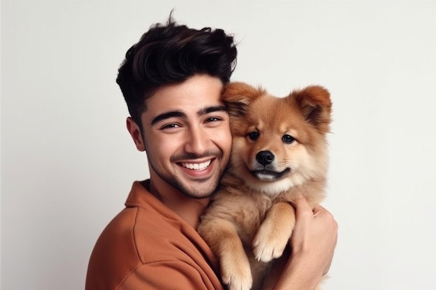 Un hombre feliz enamorado de un perro sosteniendo un cachorro en el hombro y sonriendo de pie sobre un fondo blanco