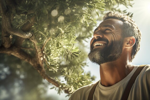 Un hombre feliz está talando y podando un árbol con IA generativa