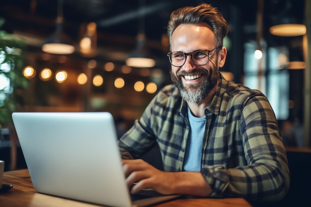 Un hombre feliz está trabajando en una computadora portátil en un café.