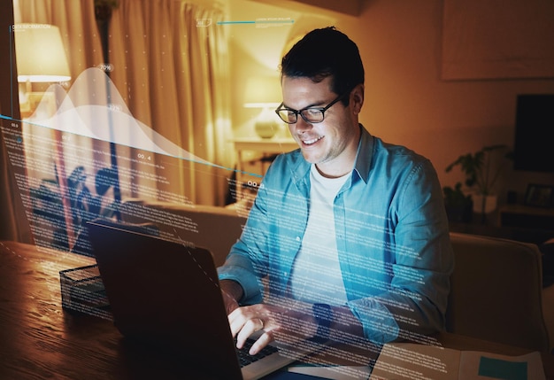 Hombre feliz freelance disfrutando de trabajar en una computadora portátil en casa