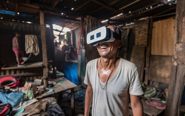 Hombre feliz con gafas de realidad virtual en los barrios marginales y escape del desorden del concepto de vida virtual de la realidad