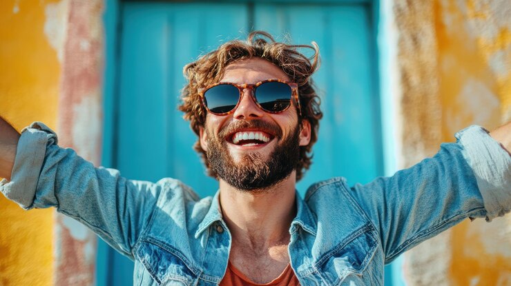 Hombre feliz con gafas de sol sonriendo contra una pared colorida