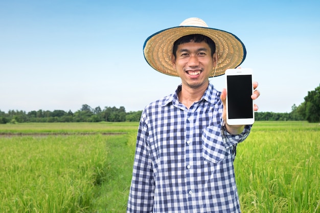 Hombre feliz del granjero asiático que usa el teléfono inteligente que mira la cámara. cosecha granja de arroz con tecnología