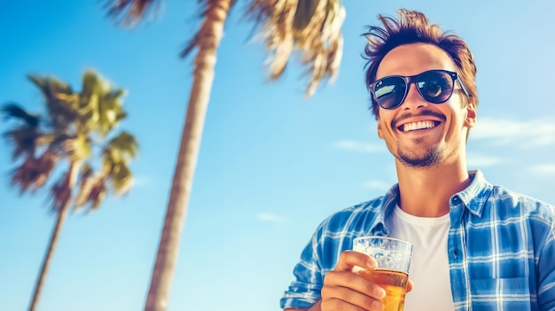 Hombre feliz y guapo sonriente con un vaso de cerveza en la playa hecho con IA generativa