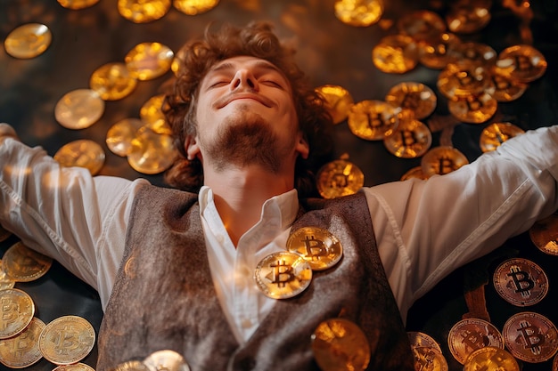 Foto hombre feliz inversor comerciante en criptomoneda que se encuentra en monedas de oro bitcoins