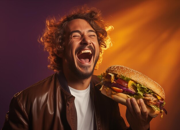 Un hombre feliz lleva una hamburguesa grande