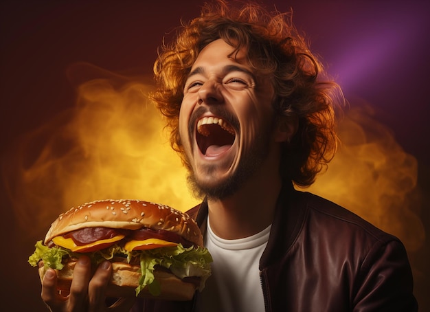 Un hombre feliz lleva una hamburguesa grande