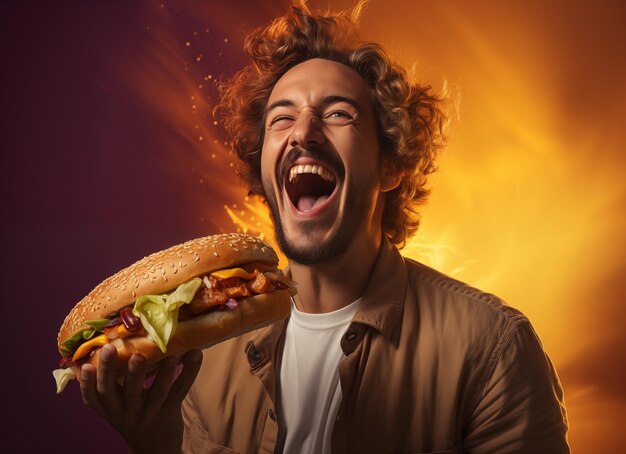 Un hombre feliz lleva una hamburguesa grande