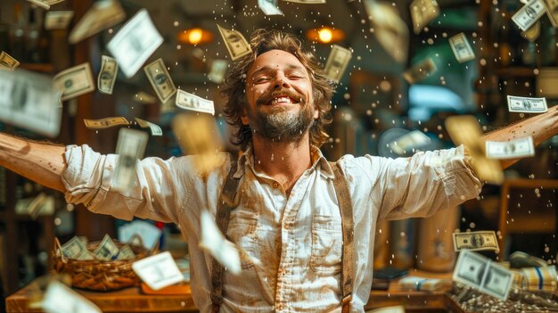 Foto hombre feliz en la lluvia de dinero hombre negro rico con los ojos cerrados