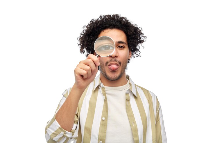 Foto hombre feliz mirando a través de una lupa