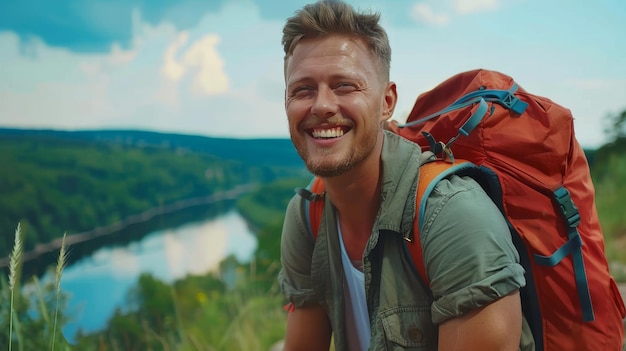 Hombre feliz con mochila para hacer senderismo, viajes de montaña o visitas turísticas