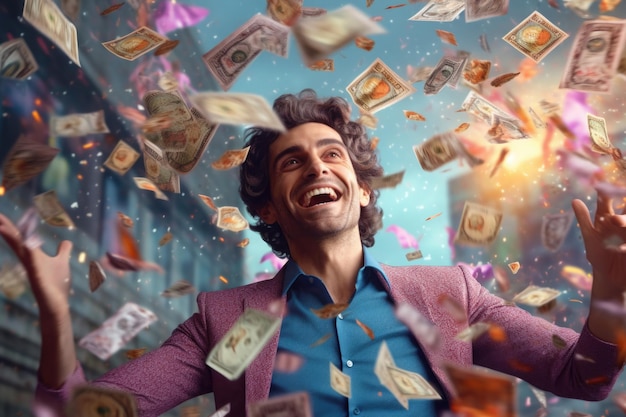 Foto hombre feliz con muchos billetes de dólar que caen ia generativa