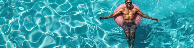 hombre feliz nadando en la piscina en un círculo de natación rosado vista aérea superior