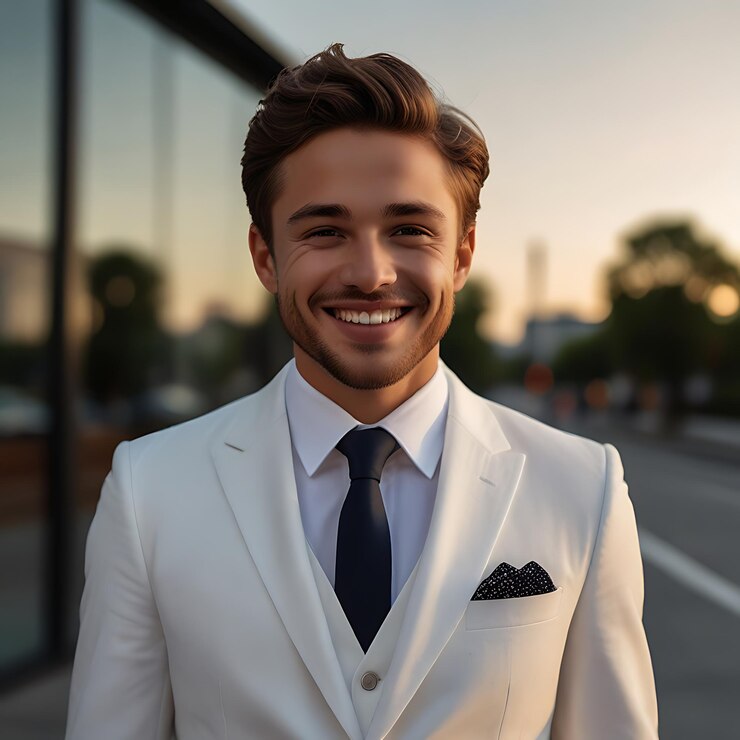Hombre feliz Un niño de blanco tiene dos manos en el pecho