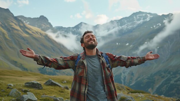 Hombre feliz con los ojos cerrados y los brazos extendidos en las montañas