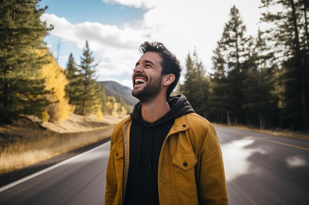 Foto hombre feliz de pie en la carretera frente a los árboles ia generativa