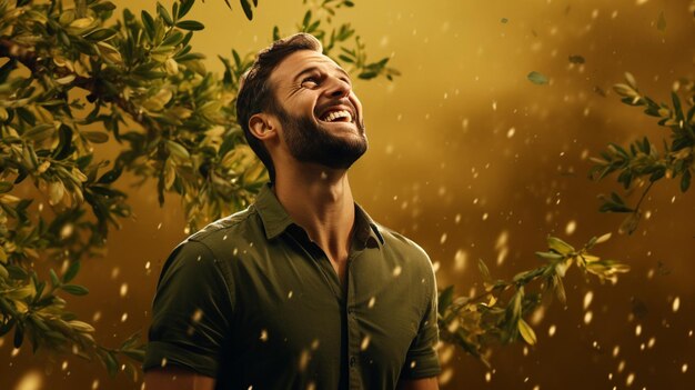 Foto hombre feliz de pie en fondo de olivo