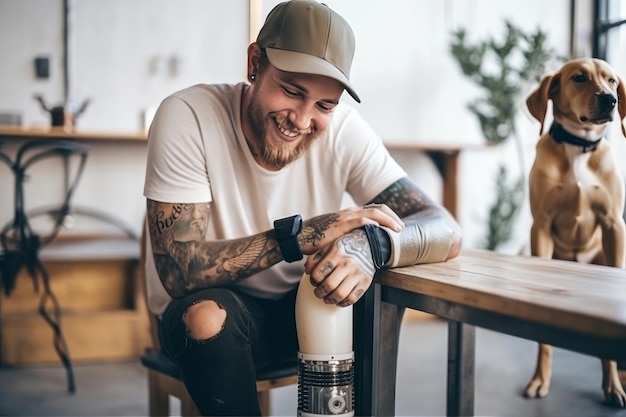 Hombre feliz con prótesis de pierna y con su perro