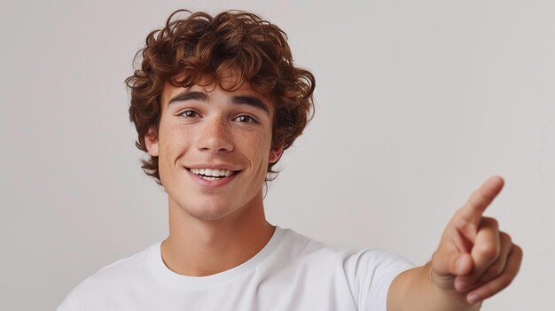 Un hombre feliz señalando con el dedo como si hubieras visto esto