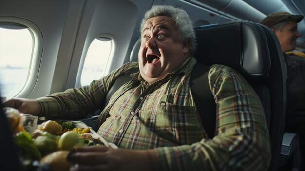 Foto hombre feliz sentado en el avión