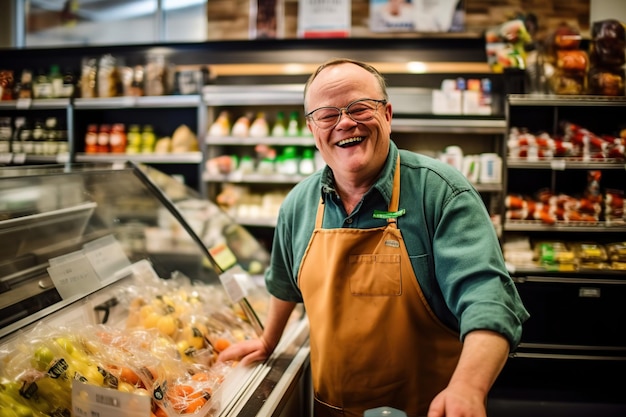 Hombre feliz con síndrome de Down trabajando en una tienda de comestibles generado por IA