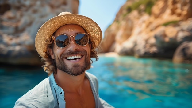 Foto hombre feliz con sombrero y gafas de sol sobre el fondo de la playa azul