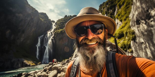 Foto hombre feliz con sombrero se toma una selfie en la naturaleza tema de viaje generativo ai