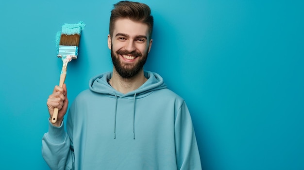 Hombre feliz y sonriente con barba con capucha cian sosteniendo un teléfono inteligente