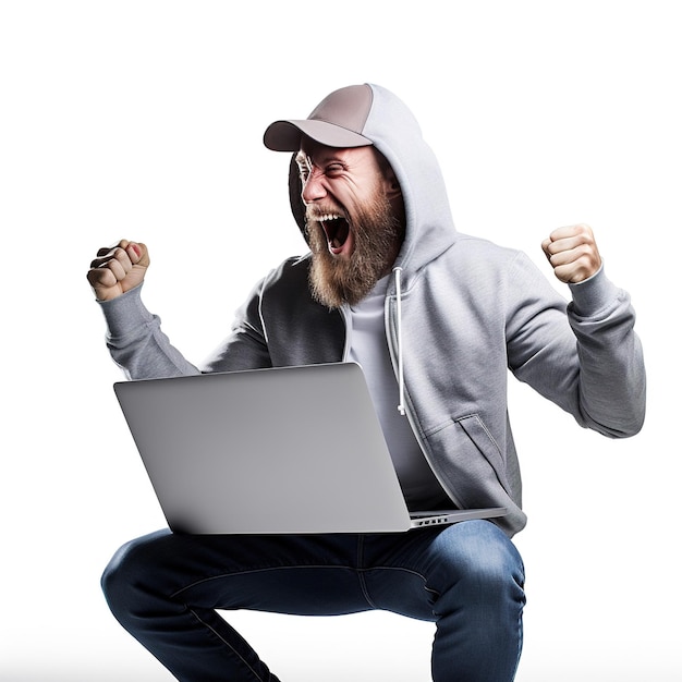 Un hombre feliz, sonriente y experto en tecnología posa con emoción sobre un fondo blanco