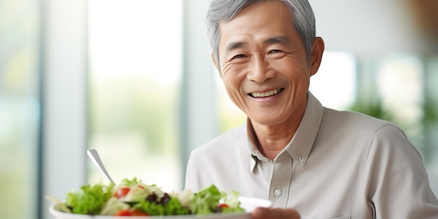 Hombre feliz sosteniendo un tenedor y un tazón con ensalada de verduras frescas comiendo un almuerzo saludable