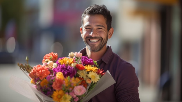 Hombre feliz sostiene un ramo de flores en sus manos