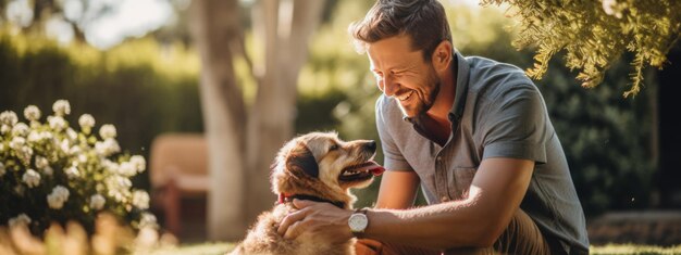 Foto hombre feliz y su perro al aire libre en verano