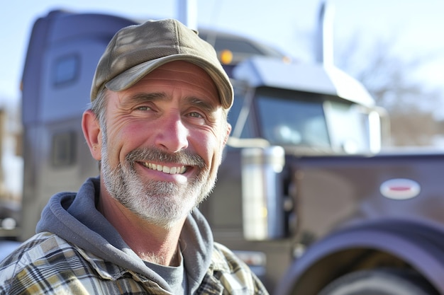 Un hombre feliz en su profesión como conductor de camiones Concepto de transporte